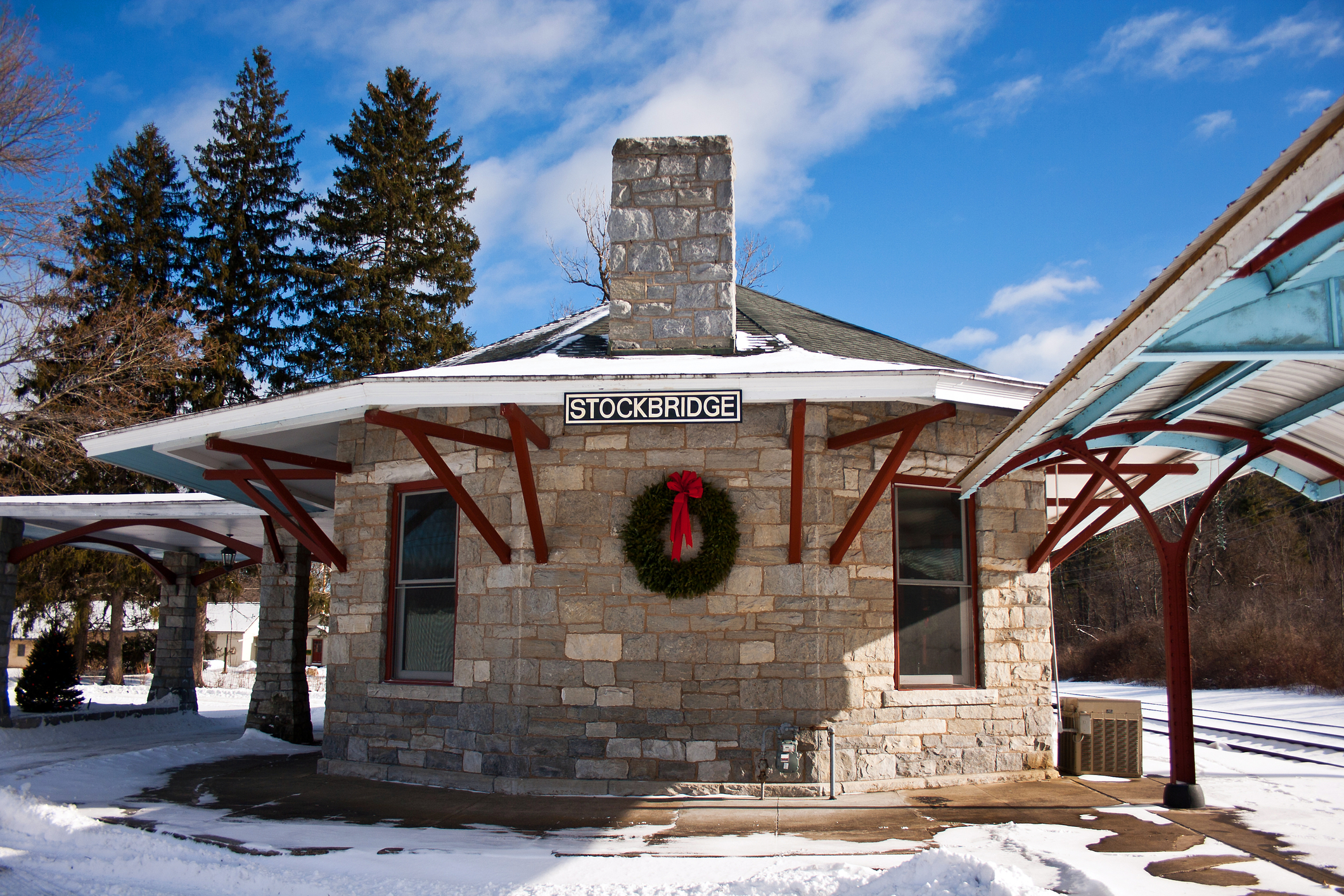 Stockbridges historic railroad station at Christmas time.