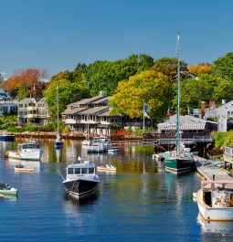 Fishing boats docked in Perkins Cove, Ogunquit, on coast of Maine south of Portland, USA