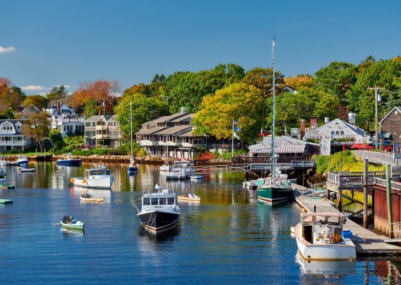 Fishing boats docked in Perkins Cove, Ogunquit, on coast of Maine south of Portland, USA