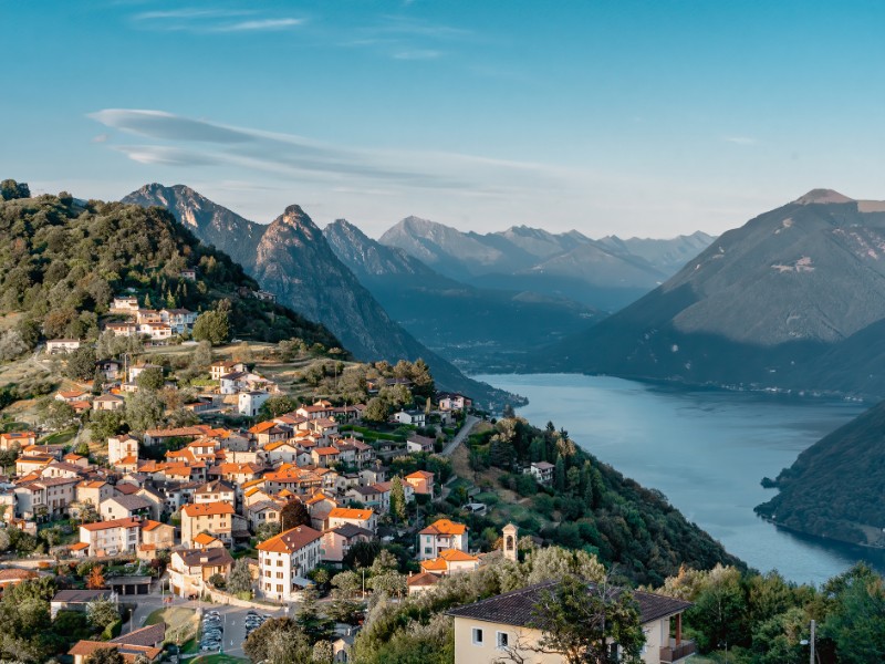 Before sunset, the distant view of village Bre Sopra from Monte Bre in Lugano.