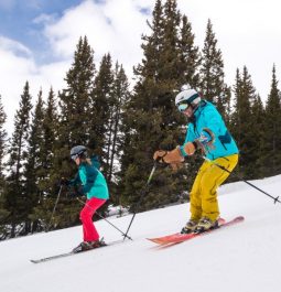 adult and child skiing at ski cooper