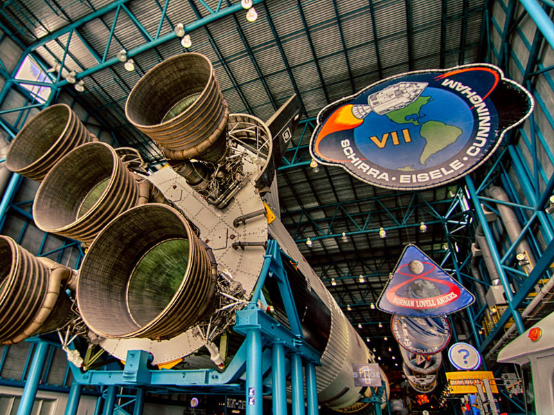 view from below of a space craft in a museum