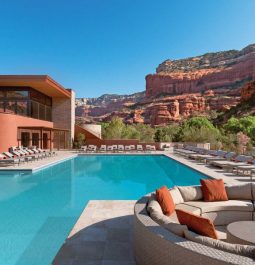 pool with red rock formations at Enchantment Resort