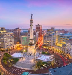 aerial view of Indianapolis city skyline at sunset