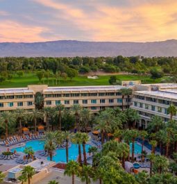 A lazy river winds through the property of Hyatt Regency Indian Wells Resort & Spa