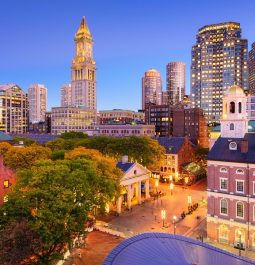 view of downtown boston with fall leaves