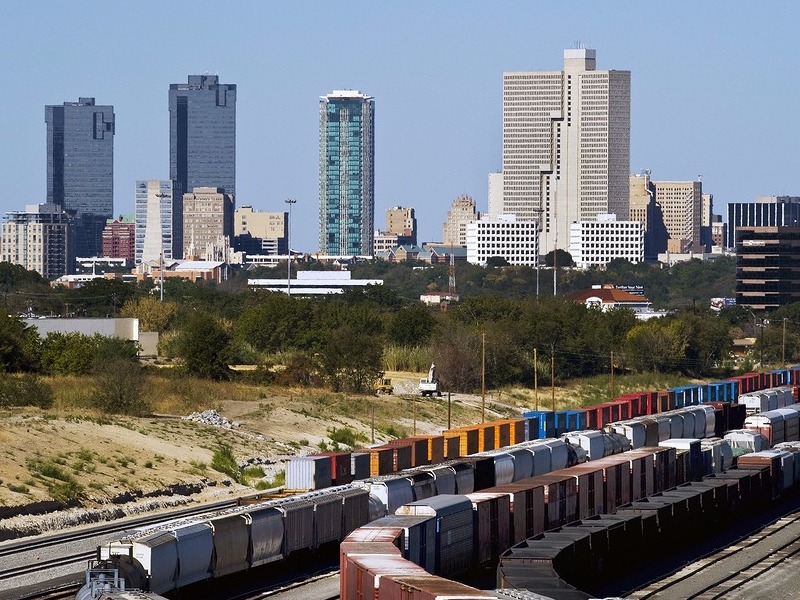 Train yard showing Fort Worth, Texas skyline