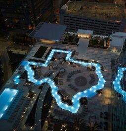 aerial view of lazy river shaped like texas