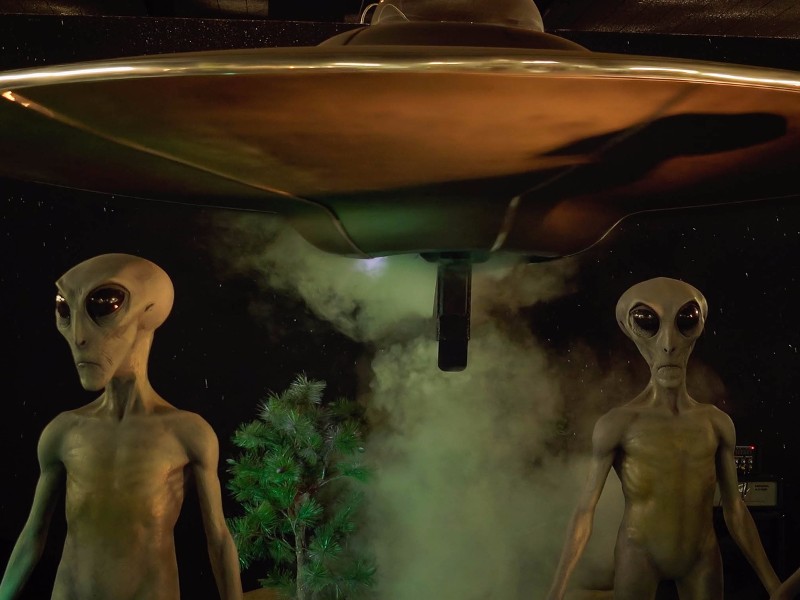 Aliens and their spaceship on display at the International UFO Museum and Research Center in Roswell