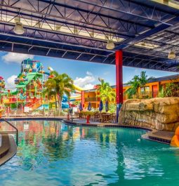 indoor and outdoor water park with jungle gym and slides