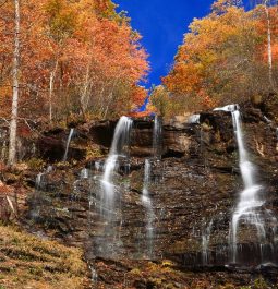 waterfall cascading off of rocky cliff with fall foliage surrounding it