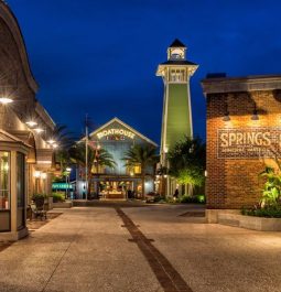 disney springs lit up at night