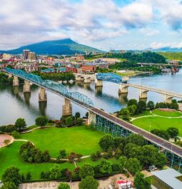 aerial view of bridge over river