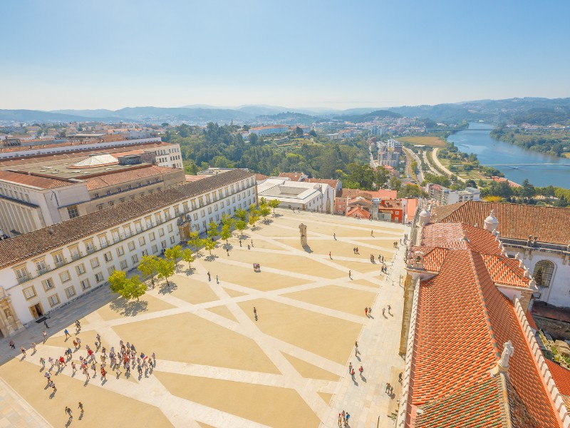 Coimbra University courtyard and Mondego river.