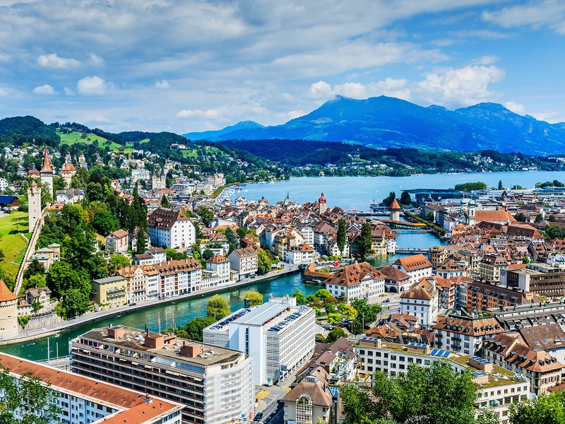 View from above of Lucerne city center and lake.