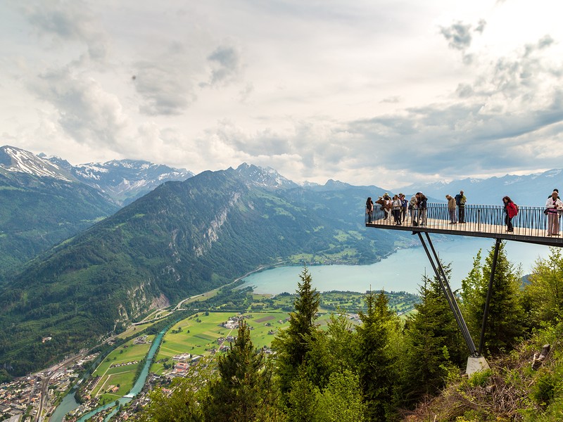 People standing on the observation deck in Interlaken in a beautiful summer day Switzerland 