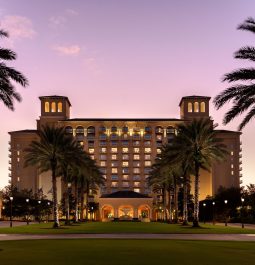 exterior view of hotel with palm trees at night