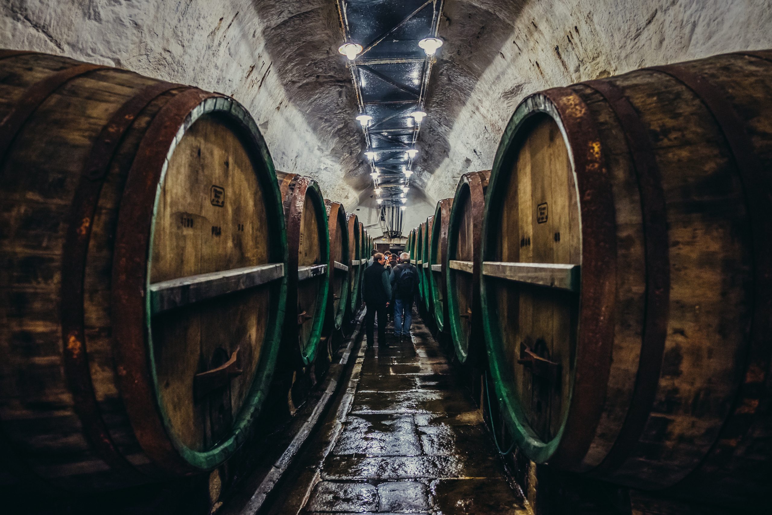 Old wooden barrels in cellars of Pilsner Urquell Brewery