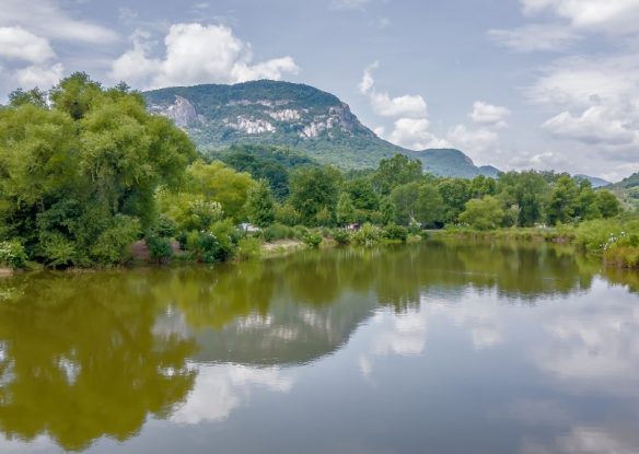 view of lake lure with mountain in background