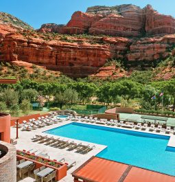 aerial view of Enchantment Resort pool with mountains