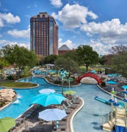 pool with lazy river and water slides