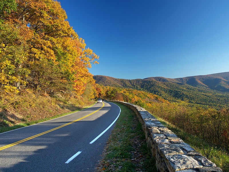 Skyline Drive in Shenandoah National Park travels for 105 miles along the crest of the Blue Ridge Mountains.