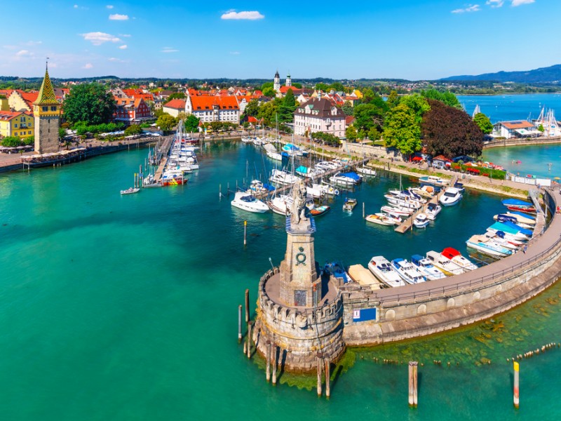 Scenic summer aerial view of the Old Town pier architecture in Lindau, Bodensee/Constance lake