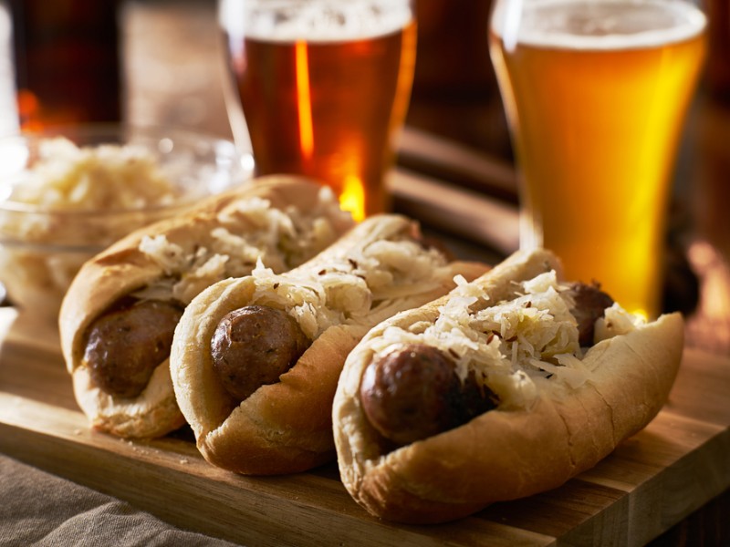 German bratwursts and sauerkraut with beer