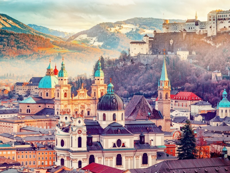 Salzburg skyline with Festung Hohensalzburg and in autumn