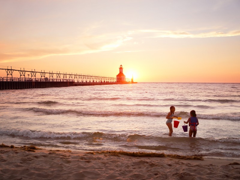 St Joseph Lighthouse on Lake Michigan at sunset 