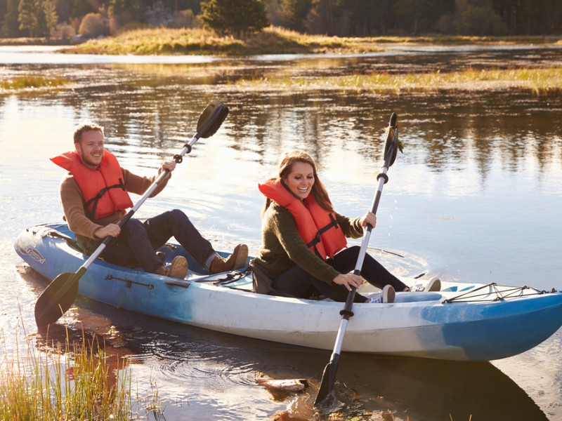 Couple kayaking on Big Bear Lake, California