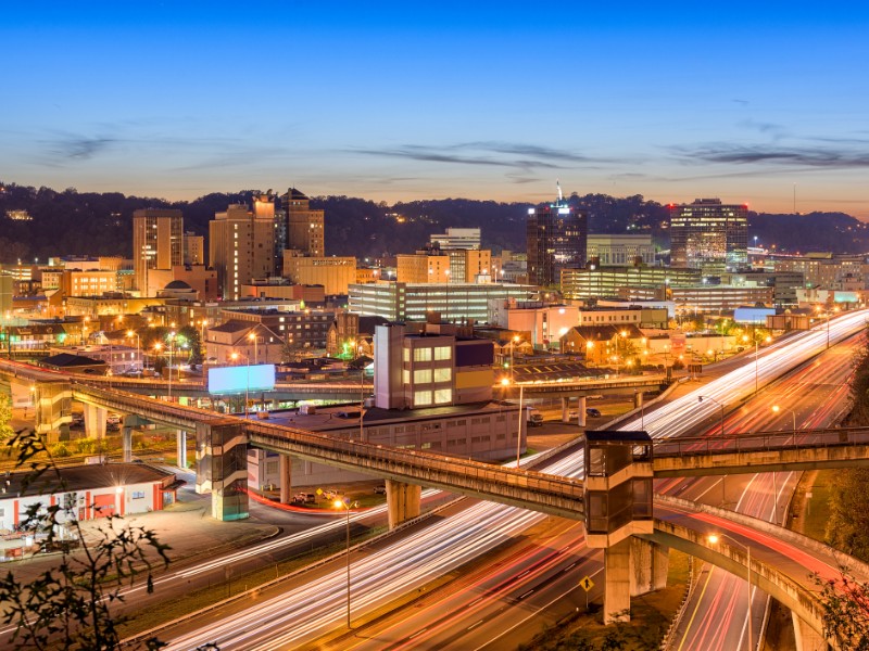 Charleston, West Virginia skyline at twilight.
