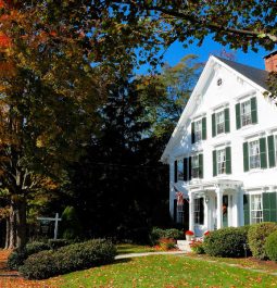 white exterior of building with fall trees