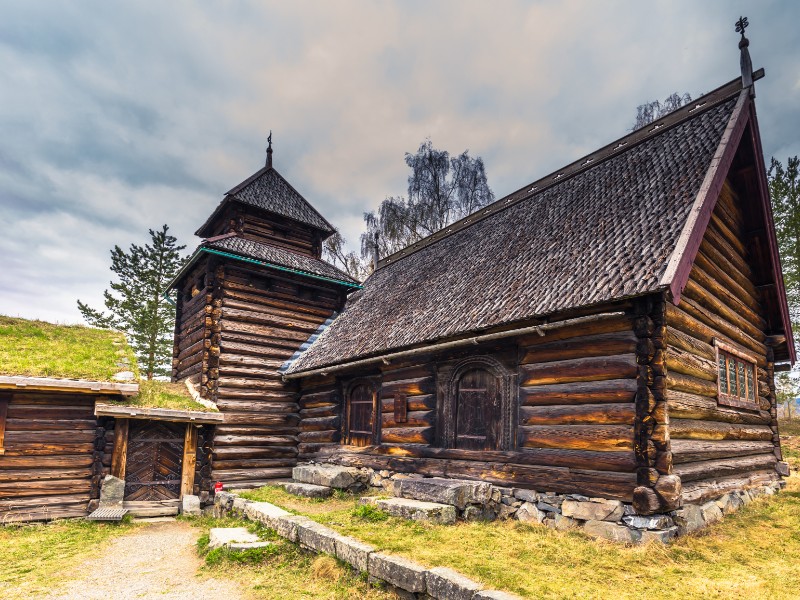 Traditional houses in Maihaugen open air museum in Lillehammer, Norway