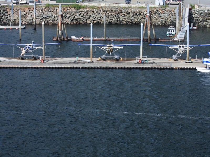 Three docked float planes in Ketchikan