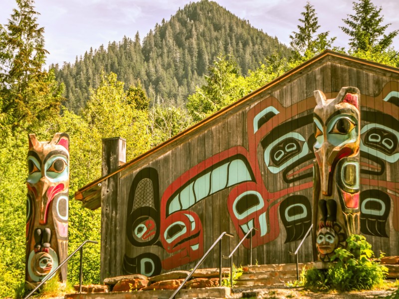 Totem art and carvings at Saxman Village in Ketchikan 