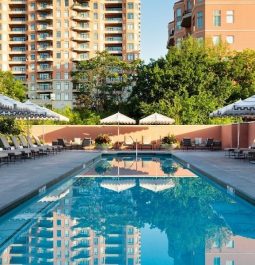 hotel pool with lounge chairs lined up