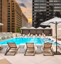 rooftop swimming pool with loungers around the pool