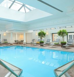 indoor pool with skylight in roof