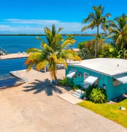 blue home sitting next to water with palm trees