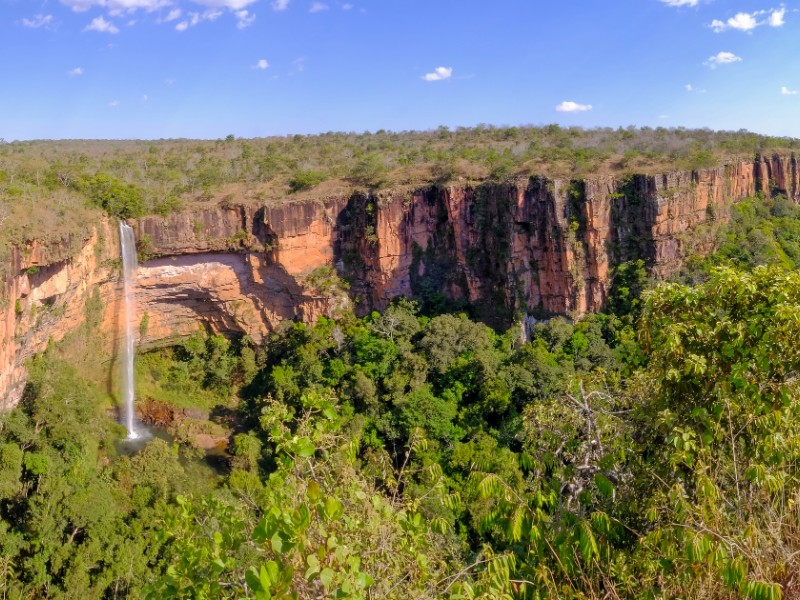 Beautiful Bridal Veil, Veu Da Noiva waterfall in Chapada Dos Guimaraes National Park