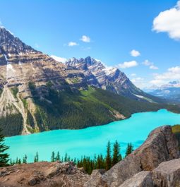 bright blue lake surrounded by mountains