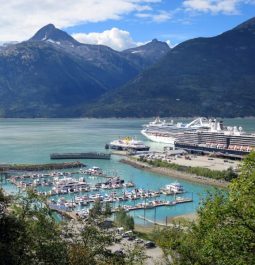 overlooking beautiful waterfront town and mountains