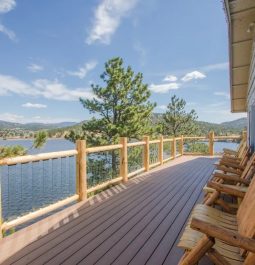 large wood deck overlooking lake and mountains