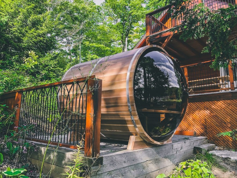 Panoramic barrel sauna at The Frontenac, Godfrey, Ontario