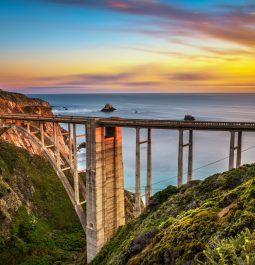 Bixby Bridge Rocky Creek Bridge and Pacific Coast Highway at sunset near Big Sur