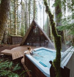 a-frame cabin with hot tub surrounded by trees