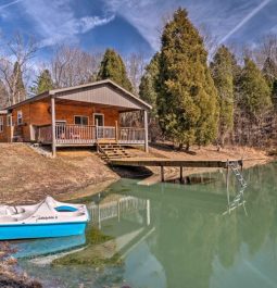 Blue hued pond with paddle boat