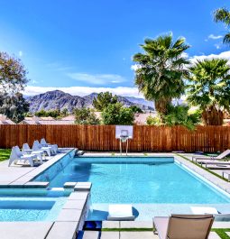 large pool area with mountain views