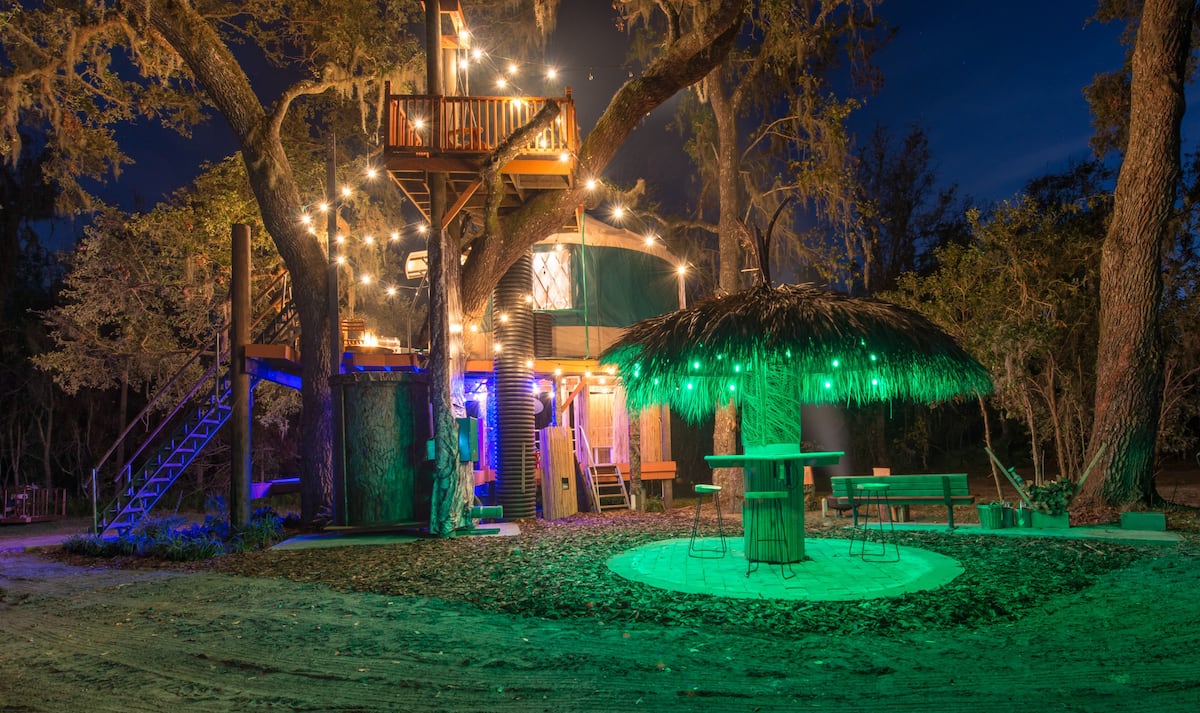 Treehouse at Danville lit up after dark